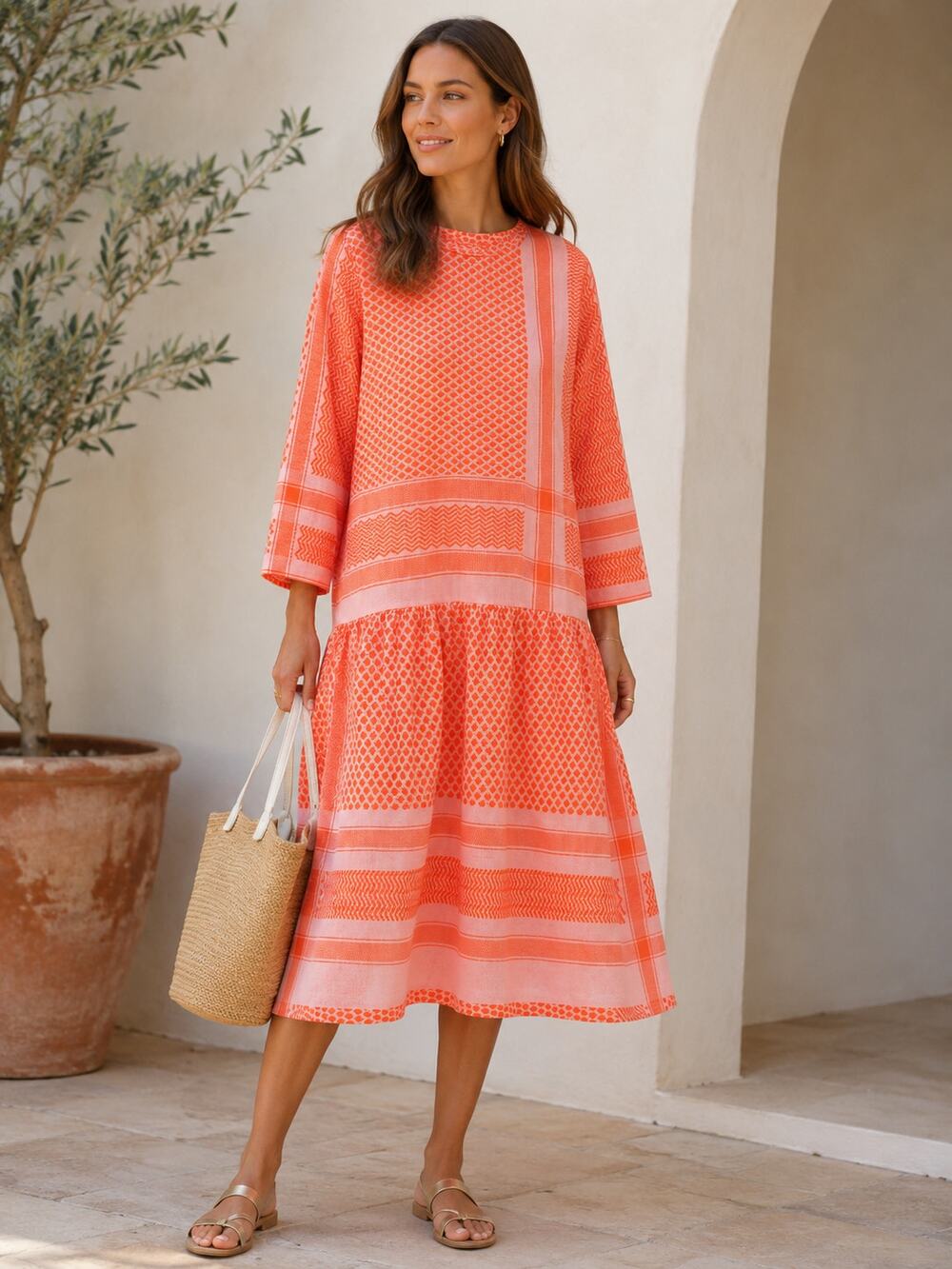 CECILIE Copenhagen SZ M Josephine Cotton-Jacquard Midi Dress Orange/Pink NWT